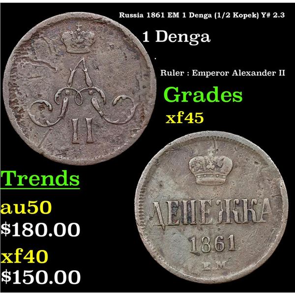 Russia 1861 EM 1 Denga (1/2 Kopek) Y# 2.3 Grades xf+