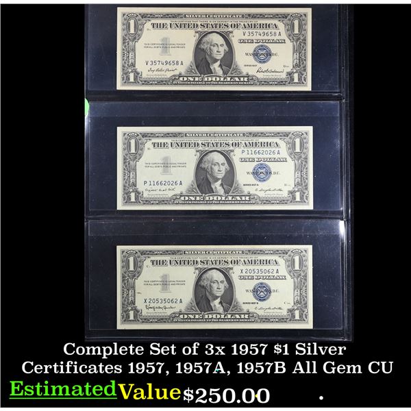 Complete Set of 3x 1957 $1 Silver Certificates 1957, 1957A, 1957B All Gem CU