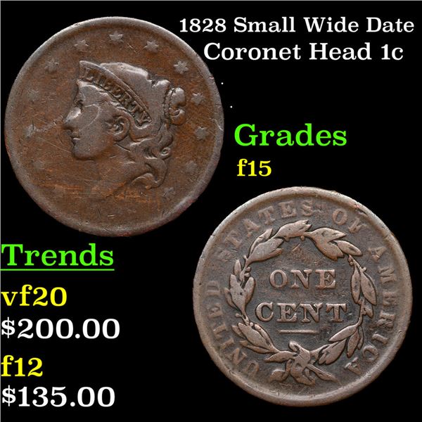 1828 Small Wide Date Coronet Head Large Cent 1c Grades f+
