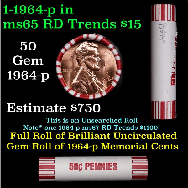 Shotgun Lincoln 1c roll, 1964-p 50 pcs Bank 50c Wrapper.
