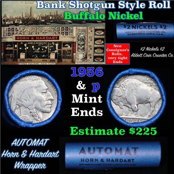 Buffalo Nickel Shotgun Roll in Old Bank Style '  Abbott Coin Counter' Wrapper 1936 & p Mint Ends