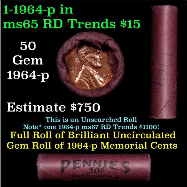 Shotgun Lincoln 1c roll, 1964-p 50 pcs Standard Paper goods Wrapper.
