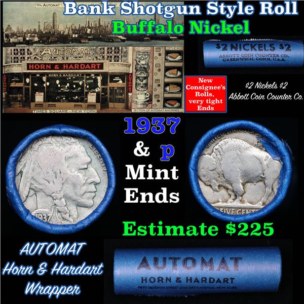 Buffalo Nickel Shotgun Roll in Old Bank Style '  Abbott Coin Counter' Wrapper 1937 & p Mint Ends