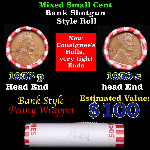 Mixed small cents 1c orig shotgun roll, 1939-s Lincoln Cent, 1937 Indian Cent other end, Bank Wrappe