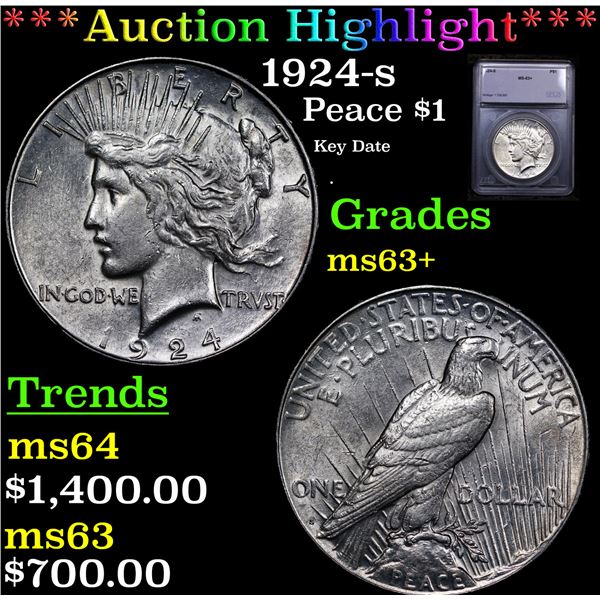 ***Auction Highlight*** 1924-s Peace Dollar $1 Graded ms63+ By SEGS (fc)