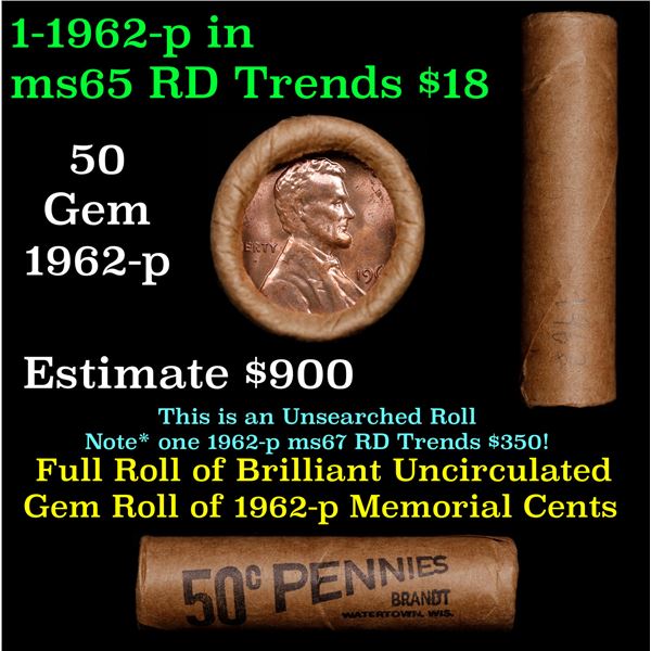 Shotgun Lincoln 1c roll, 1962-p 50 pcs Brandt Wrapper.
