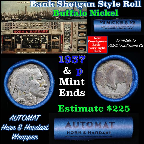 Buffalo Nickel Shotgun Roll in Old Bank Style '  Abbott Coin Counter' Wrapper 1937 & p Mint Ends