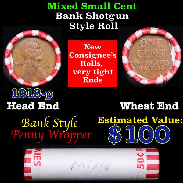 Mixed small cents 1c orig shotgun roll, 1918-p Lincoln Cent, Wheat Cent other end, Bank Wrapper.