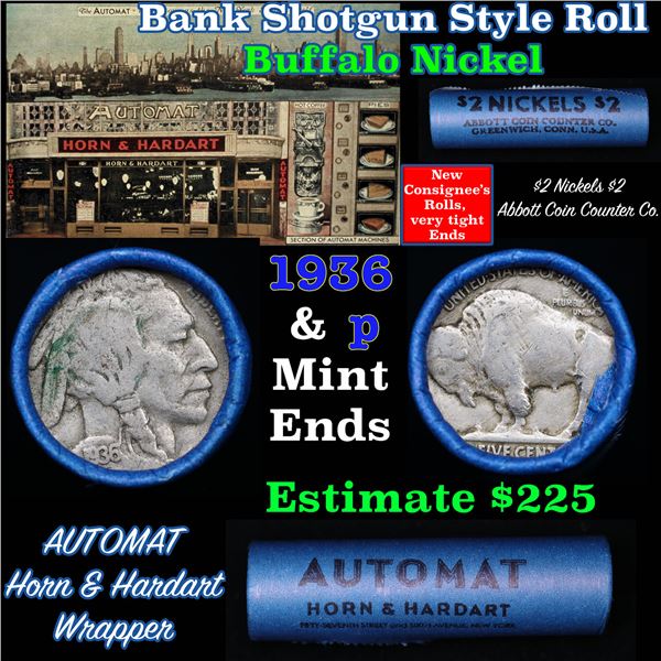 Buffalo Nickel Shotgun Roll in Old Bank Style '  Abbott Coin Counter' Wrapper 1936 & p Mint Ends