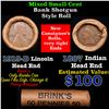 Mixed small cents 1c orig shotgun roll, 1919-s Lincoln Cent, 1887 Indian Cent other end, Brinks Wrap