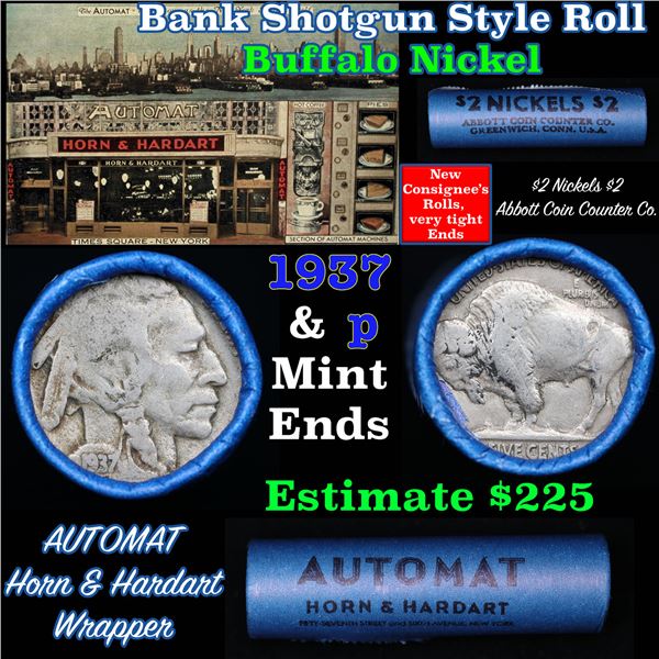 Buffalo Nickel Shotgun Roll in Old Bank Style '  Abbott Coin Counter' Wrapper 1937 & p Mint Ends