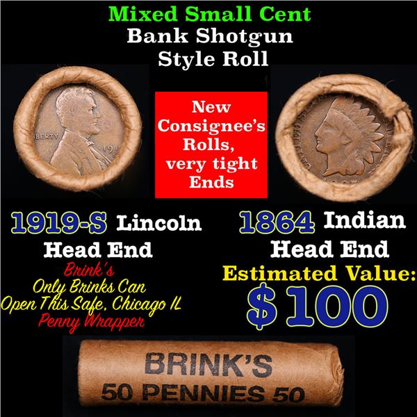 Mixed small cents 1c orig shotgun roll, 1919-s Lincoln Cent, 1864 Indian Cent other end, Brinks Wrap