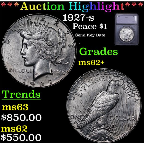 ***Auction Highlight*** 1927-s Peace Dollar $1 Graded ms62+ By SEGS (fc)