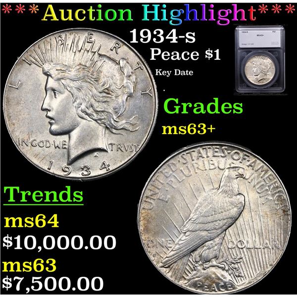 ***Auction Highlight*** 1934-s Peace Dollar $1 Graded ms63+ By SEGS (fc)