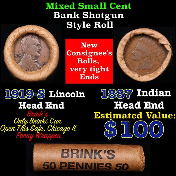 Mixed small cents 1c orig shotgun roll, 1919-d Lincoln Cent, 1887 Indian Cent other end, Brinks Wrap