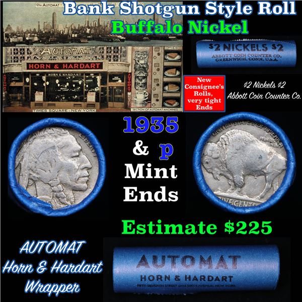 Buffalo Nickel Shotgun Roll in Old Bank Style '  Abbott Coin Counter' Wrapper 1935 & p Mint Ends