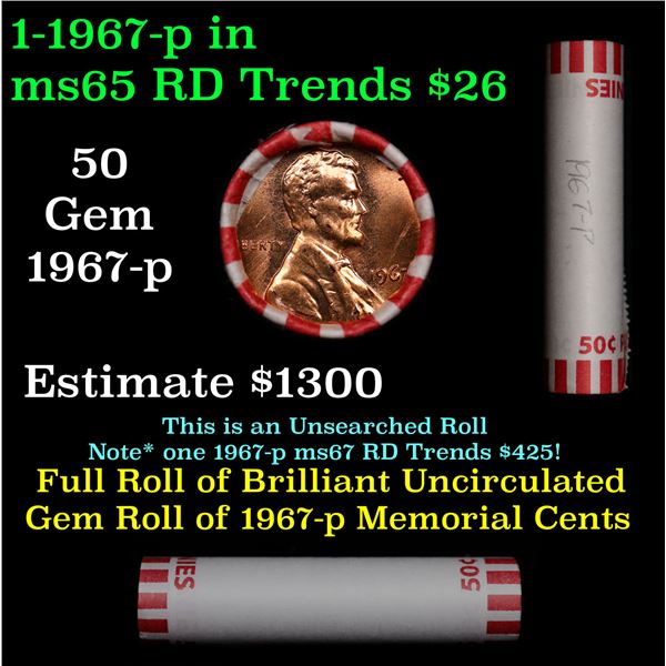 Shotgun Lincoln 1c roll, 1967-p 50 pcs Bank 50c Wrapper.