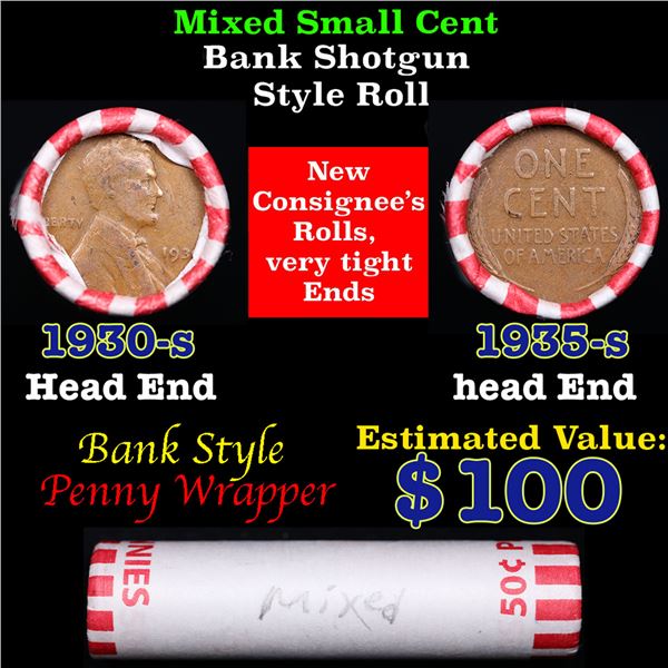 Mixed small cents 1c orig shotgun roll, 1930-p Lincoln Cent, Wheat Cent other end, Bank Wrapper.