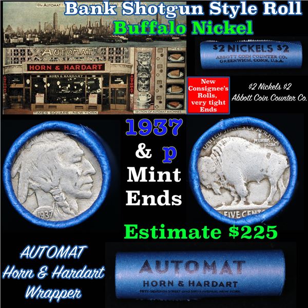 Buffalo Nickel Shotgun Roll in Old Bank Style '  Abbott Coin Counter' Wrapper 1937 & d Mint Ends