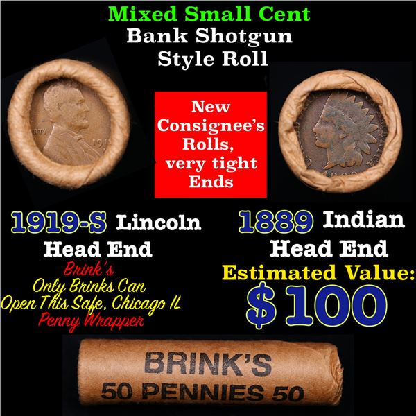 Mixed small cents 1c orig shotgun roll, 1919-s Lincoln Cent, 1889 Indian Cent other end, Brinks Wrap