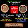 Mixed small cents 1c orig shotgun roll, 1919-s Lincoln Cent, 1889 Indian Cent other end, Brinks Wrap
