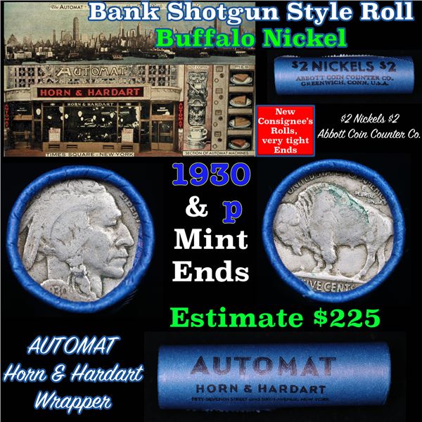 Buffalo Nickel Shotgun Roll in Old Bank Style '  Abbott Coin Counter' Wrapper 1930 & p Mint Ends