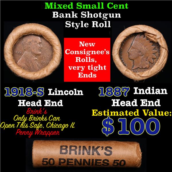 Mixed small cents 1c orig shotgun roll, 1918-s Lincoln Cent, 1887 Indian Cent other end, Brinks Wrap