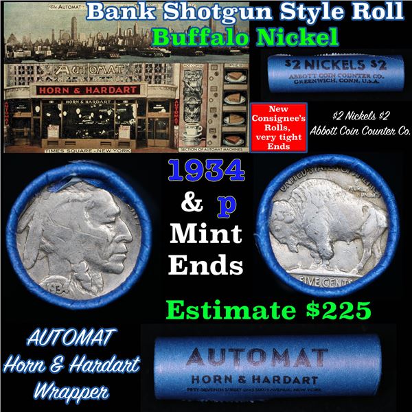 Buffalo Nickel Shotgun Roll in Old Bank Style '  Abbott Coin Counter' Wrapper 1934 & p Mint Ends