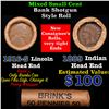 Mixed small cents 1c orig shotgun roll, 1916-s Lincoln Cent, 1889 Indian Cent other end, Brinks Wrap