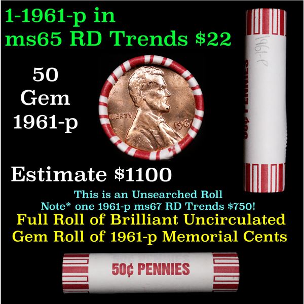 Shotgun Lincoln 1c roll, 1961-p 50 pcs Bank 50c Wrapper.