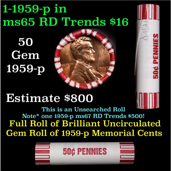 Shotgun Lincoln 1c roll, 1959-p 50 pcs Bank 50c Wrapper.