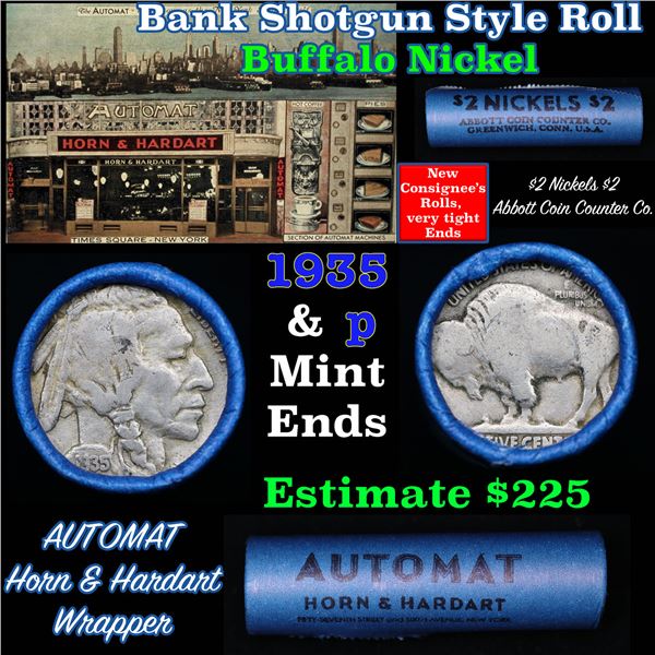 Buffalo Nickel Shotgun Roll in Old Bank Style '  Abbott Coin Counter' Wrapper 1935 & p Mint Ends