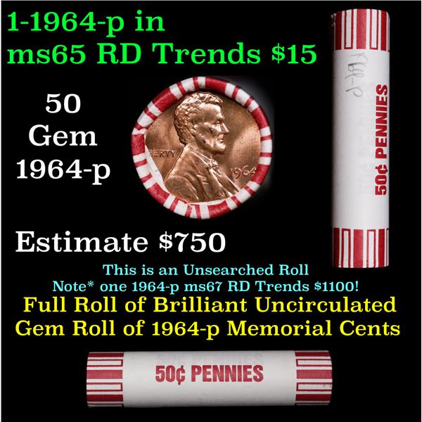 Shotgun Lincoln 1c roll, 1964-p 50 pcs Bank 50c Wrapper.