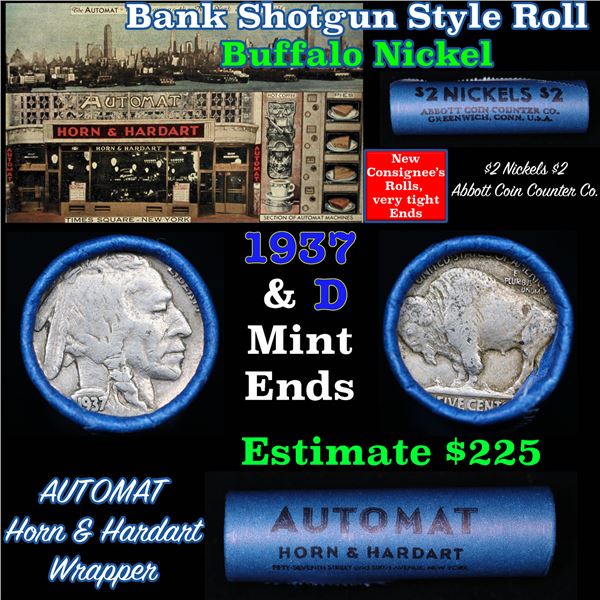 Buffalo Nickel Shotgun Roll in Old Bank Style '  Abbott Coin Counter' Wrapper 1937 & d Mint Ends