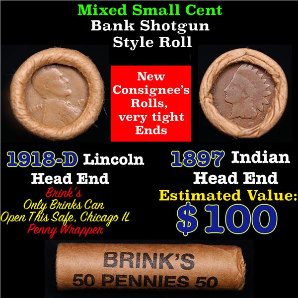 Mixed small cents 1c orig shotgun roll, 1918-d Lincoln Cent, 1897 Indian Cent other end, Brinks Wrap
