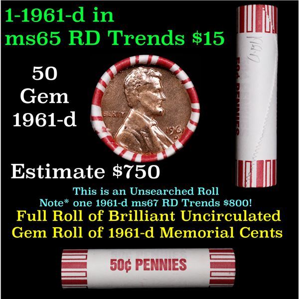 Shotgun Lincoln 1c roll, 1961-d 50 pcs Bank 50c Wrapper.