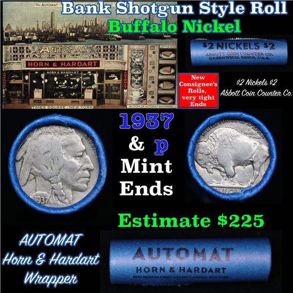 Buffalo Nickel Shotgun Roll in Old Bank Style '  Abbott Coin Counter' Wrapper 1937 & p Mint Ends
