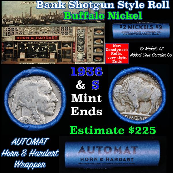 Buffalo Nickel Shotgun Roll in Old Bank Style '  Abbott Coin Counter' Wrapper 1936 & s Mint Ends
