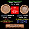 Mixed small cents 1c orig shotgun roll, 1918-d Lincoln Cent, 1890 Indian Cent other end, Brinks Wrap