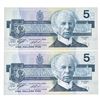 Image 1 : Lot 2 Bank of Canada 1986 $5 in Sequence Gem UNC