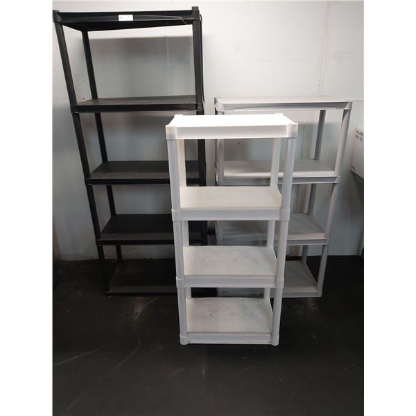 3 Portable Plastic Shelving Stands  Tallest is 27 Inches Wide x 66 Inches High