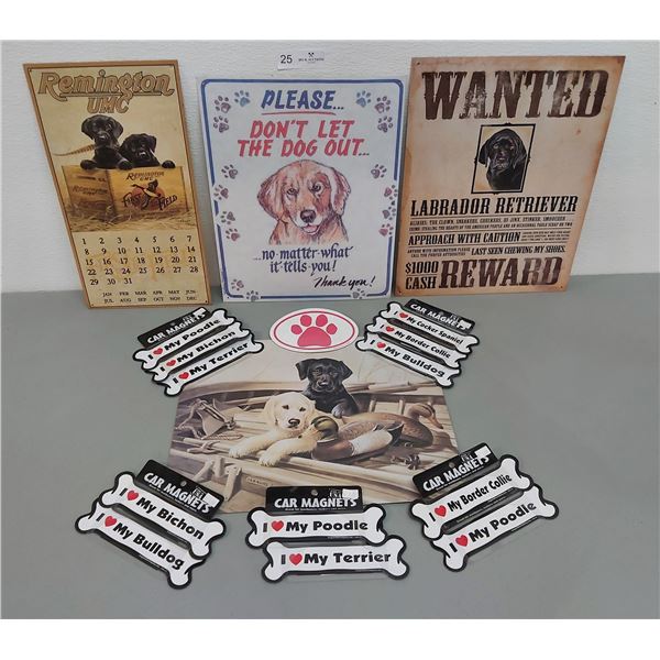 4 Tin Dog Signs and 11 Magnets