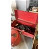 Image 10 : TOOLBOX WITH CONTENTS, RAILROAD SPIKES, HORSESHOES, SAWS AND METAL GAS CAN
