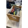 Image 1 : WOOD CRATE OF TOOLS, WORKLIGHT, SOCKETS DRILL BITS AND MORE