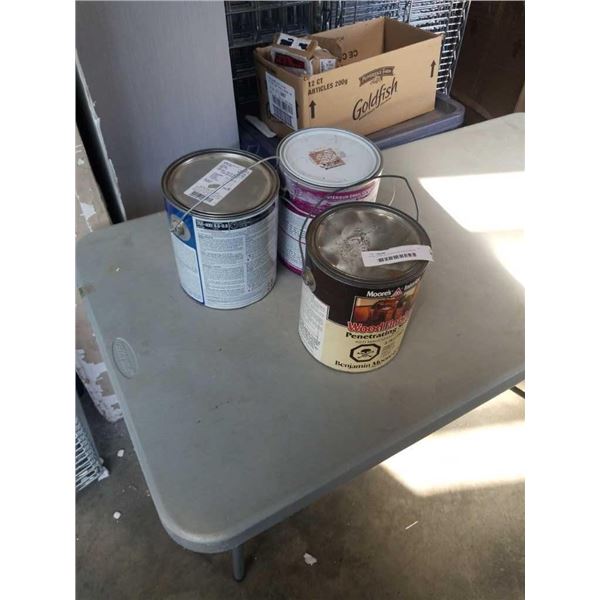 3 GALLONS OF STAIN AND PAINT BEHR INTERIOR EGGSHELL ENAMEL, SHERWIN WILLIAMS EXTERIOR ACRYLIC LATEX 