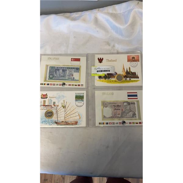 2 PAGES - STAMP, BILL AND COIN SET (MINT) THAILAND AND SINGAPORE