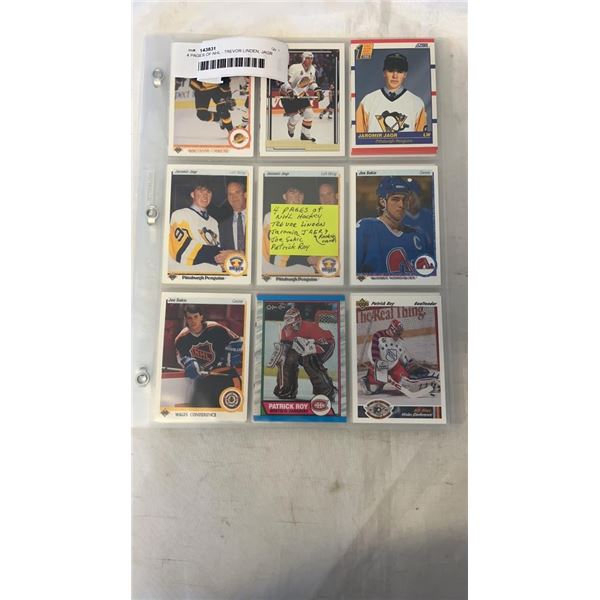 4 PAGES OF NHL - TREVOR LINDEN, JAGR (ROOKIE CARD), SAKIC, ROY