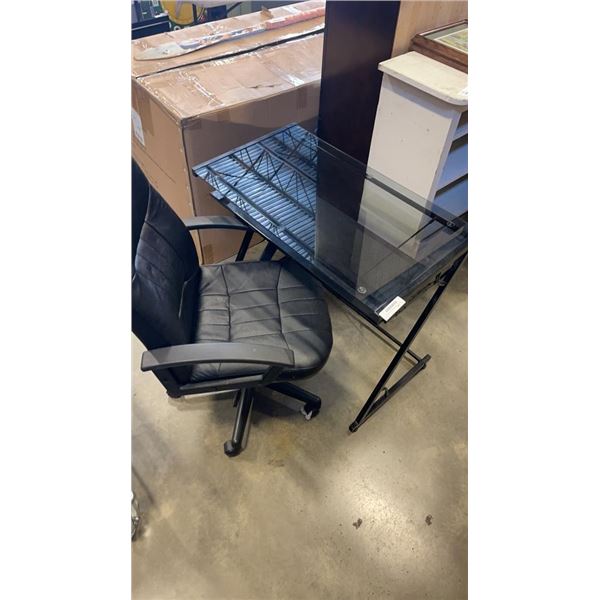 GLASS TOP DESK WITH SLIDING TRAY AND GAS LIFT OFFICE CHAIR