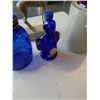 Image 3 : FIGURE LIQUOR BOTTLE WITH BLUE GLASS CANNISTER, ANIMAL STATUE AND CROCK