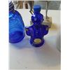 Image 4 : FIGURE LIQUOR BOTTLE WITH BLUE GLASS CANNISTER, ANIMAL STATUE AND CROCK